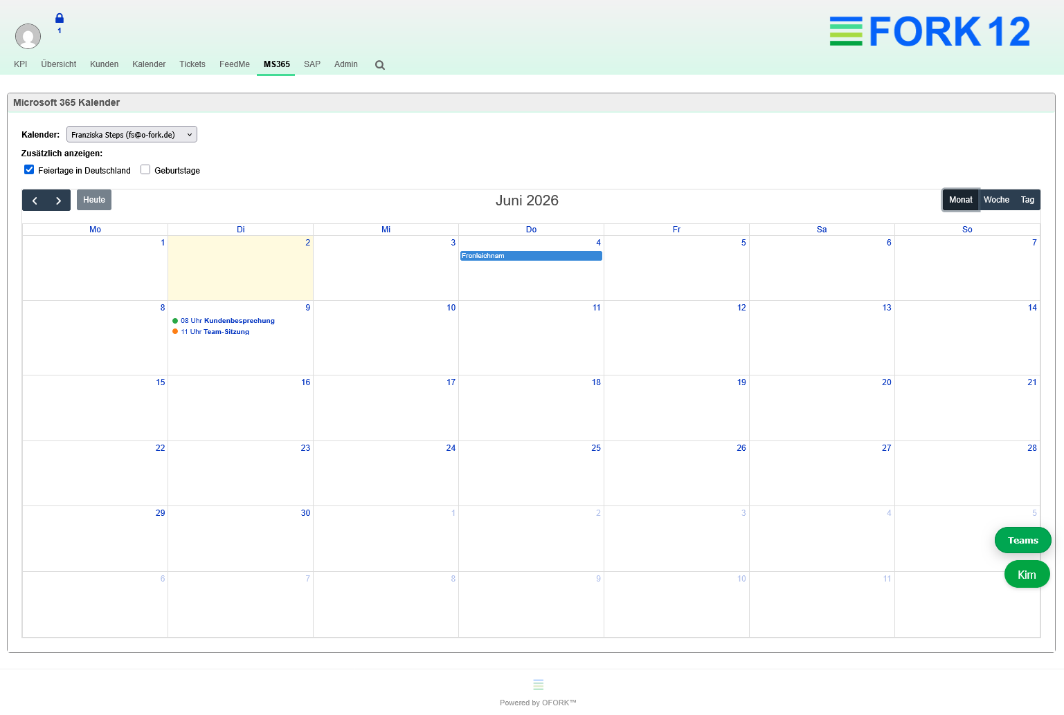 Microsoft 365 Kalender in OFORK